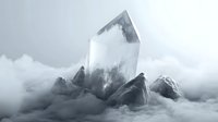 Towering clear crystal quartz rising above misty mountain peaks in a dramatic monochrome scene, evoking mystery and natural power.
