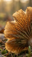 Golden bracket fungi mushrooms growing on tree trunk in warm sunlight with natural forest background for nature and mycology content.