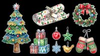 Festive Christmas decorations collection featuring decorated tree, wrapped gifts, ornaments, wreath, mittens, and holiday embellishments isolated on transparent background. Ready for t-shirt designs, clipart, stickers, print-on-demand products, and sublimation projects.