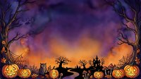 Halloween night scene with glowing jack-o-lanterns, spooky bare trees, haunted castle silhouette and purple orange gradient sky for seasonal decorations.
