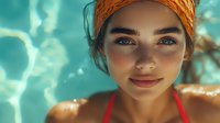 Young woman with orange headband and natural makeup smiling at camera in swimming pool with turquoise water reflections creating dreamy summer atmosphere.