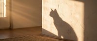 Cat silhouette shadow on sunlit wall in empty room with warm natural light streaming through window creating peaceful domestic atmosphere.