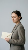 Young East Asian woman in business casual attire holding envelope, wearing gray blazer against neutral background. Suitable for corporate, professional, and business communication concepts.