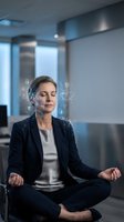 Professional businesswoman meditating with digital network connections around her head in modern office environment for workplace wellness and mindfulness.