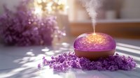 Purple essential oil diffuser releasing aromatic steam, surrounded by fresh lavender flowers on white surface in soft natural sunlight and shadows.