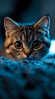 Close-up portrait of curious tabby cat with bright amber eyes peering over blue textured surface, dramatic lighting creates mysterious mood and atmosphere.
