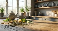 Rustic wooden table with loose green tea leaves, lemon slices, mint, and a ceramic teapot in a sunlit cozy kitchen interior.