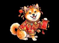Cute Shiba Inu dog in traditional red Chinese New Year outfit holding a lantern, isolated on transparent background, ready for stickers, t-shirt design, clipart.
