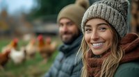 Young Caucasian woman in knit beanie and sweater smiling at camera with bearded man and chickens in background on farm. Natural lifestyle and sustainable living concept.