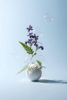 Minimalist floral arrangement with purple flowers and green fern leaves in white ceramic vase surrounded by floating soap bubbles on clean background.