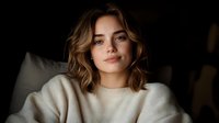 Young woman with wavy brown hair and natural makeup wearing beige sweater smiles confidently while relaxing on couch in moody lighting, creating cozy atmospheric portrait.