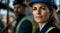 Professional blonde female construction worker in blue hard hat and safety vest on industrial building site with male colleague in background.
