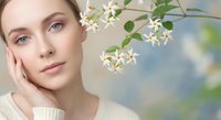 Young Caucasian woman with natural makeup touching face near blooming white flowers. Spring skincare and beauty concept for cosmetics advertising.
