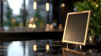Empty chalkboard menu on dark wooden table with pine branches and soft bokeh lights creating cozy restaurant atmosphere, copy space for seasonal specials.