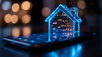 Glowing blue holographic house projection rising from smartphone screen with bokeh background lights, representing smart home technology and digital real estate concept.
