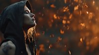 Young woman in hooded cloak with profile view against dramatic orange background with floating embers, creating mystical atmosphere for fantasy concepts.