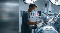 Surgeon in surgical mask and scrubs examining medical equipment in operating room with surgical lights and team in background.