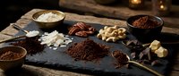 Artisanal chocolate making ingredients arranged on dark slate board with cocoa powder, nuts, and spices for gourmet confectionery production.