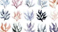 Delicate watercolor seaweed pattern in soft pastel colors of blue, pink, and coral. Abstract marine botanical elements create gentle flowing composition on white background.