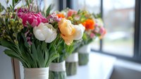 Vibrant mixed peonies and ranunculus in white ceramic vases arranged on windowsill with natural light, suitable for home decor and floral design projects.