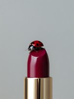 Red ladybug sitting on burgundy lipstick tube with gold case against gray background for beauty and cosmetics advertising concepts.