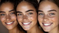 Three smiling young women with natural glowing skin, freckles and minimal makeup showing genuine happiness and confidence in close-up portrait against dark background.