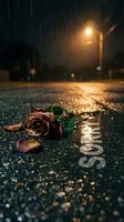 Wilted rose lying on wet pavement in rain at night with glowing street light and the word sorry reflected in a puddle.