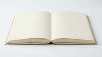 Open blank book with cream pages and beige cover on white background, suitable for education, publishing, writing, and design projects.