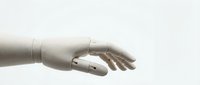 Wooden articulated mannequin hand reaching out on white background, symbolizing help, connection, and artificial intelligence concepts.