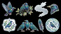 Colorful hummingbirds and peacock birds isolated on transparent background, ready for t-shirt design, clipart, stickers, sublimation and print-on-demand projects.