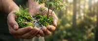 Hands holding miniature forest ecosystem with tiny trees, ferns and moss representing environmental conservation, sustainability and nature protection concepts.