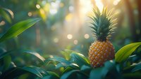 Fresh ripe pineapple growing on plant with green leaves in tropical garden, golden sunlight and bokeh background creates magical atmosphere.