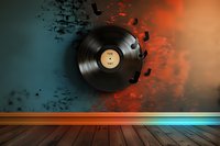 Vinyl record dissolving into musical notes against dramatic orange and teal background with wooden floor, creating atmospheric music concept art.