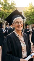 Happy mature Caucasian woman in graduation cap and gown smiling at camera holding diploma on university campus with blurred graduates in background.