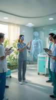 Medical team using holographic human anatomy display in modern hospital for educational training and patient consultation.