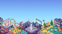 Isometric carnival fairground with colorful rides, game booths, and crowds of visitors enjoying festive entertainment and attractions in a vibrant amusement park setting.