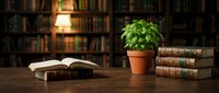 Open book with potted basil plant and stacked vintage books on wooden desk against blurred library bookshelf background, suitable for education and knowledge concepts.