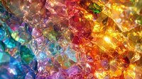 Vibrant rainbow crystal fragments with light refracting through translucent surfaces creating colorful spectrum from blue to orange, abstract macro photography.