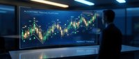 Professional trader analyzing algorithmic trading platform with market trends and candlestick charts on large display screen in modern trading room.