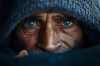 Close-up portrait of mature African American man with striking blue eyes wearing winter hat and scarf, dramatic lighting emphasizes intense gaze and facial features.