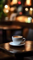 Espresso cup with latte art on wooden table in cozy cafe with warm bokeh lighting and blurred interior background, suitable for coffee shop marketing and hospitality design.