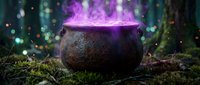 Bubbling cauldron with glowing purple magical potion surrounded by moss, bokeh lights, and mystical forest atmosphere for fantasy, gaming, and Halloween designs.