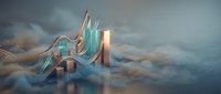 Abstract geometric composition with flowing ribbons and rectangular blocks floating in dreamy cloudy atmosphere for modern digital art projects.