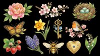 Vintage spring clipart set with flowers, butterfly, bee, bird, nest, key, and locket, isolated on transparent background, ready for stickers, T-shirts, and print on demand.