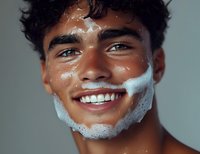 Young Hispanic man with bright smile and shaving foam on face against gray background, showcasing personal care and grooming routine in modern lifestyle portrait.
