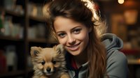 Young Caucasian woman in gray hoodie holding adorable Pomeranian puppy, warm atmospheric lighting creates cozy indoor portrait with soft bokeh background.