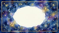 Watercolor galaxy frame with golden stars and cosmic nebula clouds creating elegant border for text, cards, invitations and celestial themed designs.