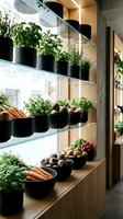Modern kitchen herb garden with fresh vegetables and plants on wooden shelves with glass display, sustainable home cooking and organic food storage concept.