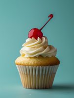 Vanilla cupcake with white frosting and red cherry on top against turquoise background for bakery menu or dessert advertising.