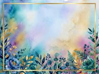 Watercolor floral frame with soft pastel gradient background, botanical silhouettes, and gold border. Versatile design for invitations, greeting cards, and creative projects.